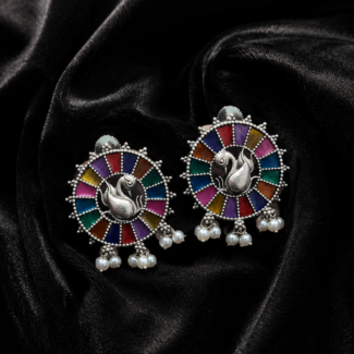 Traditional Silver Peacock Stud Earrings with Multi-Color Meenakari Enamel and Pearl Drops